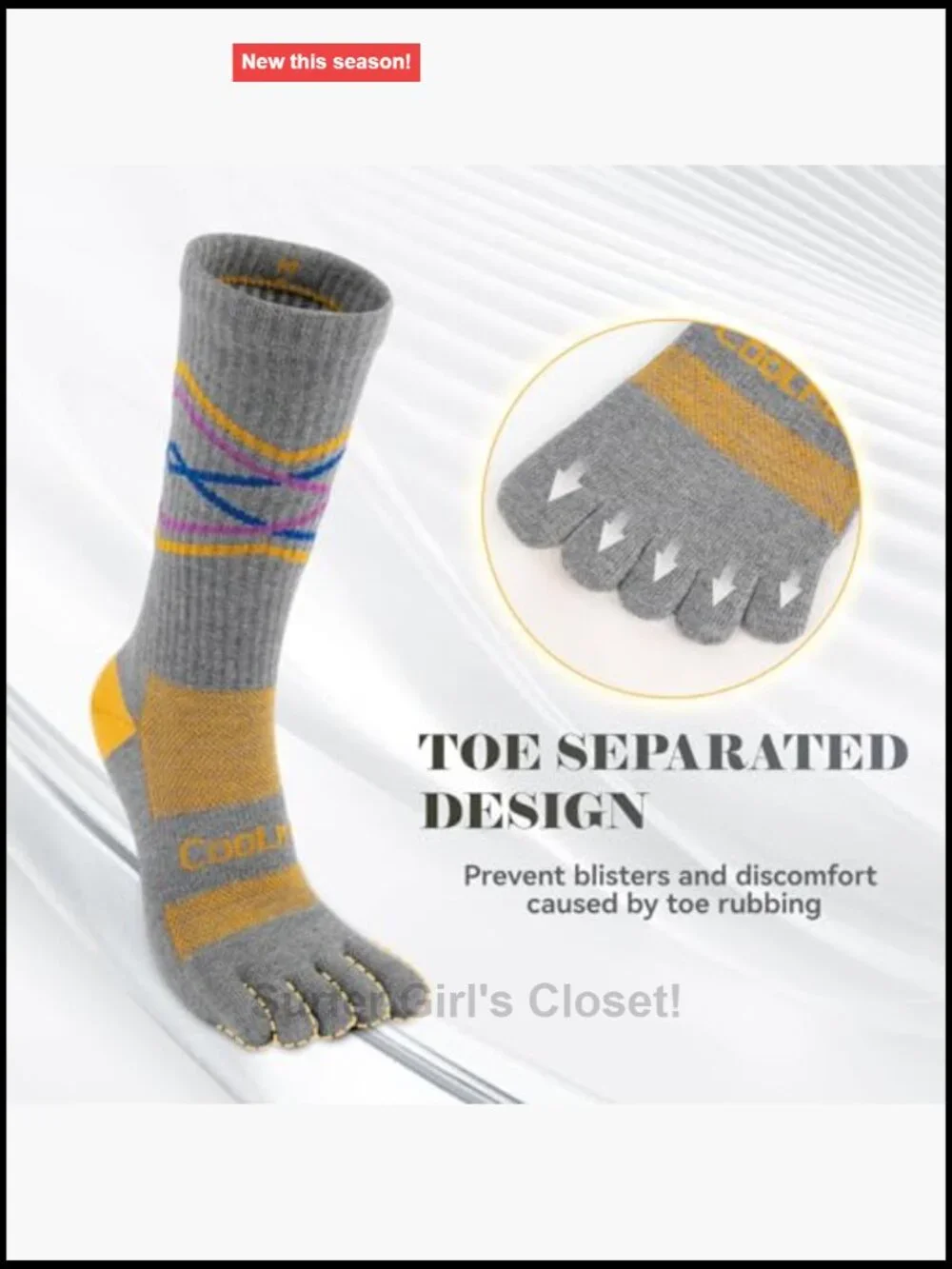 Coolmax Toe Socks 3 Pairs Moisture Wicking Crew Running Socks